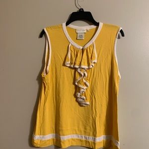 Jeffrey Banks Sz Large golden yellow/white trim sleeveless ruffle detail top.